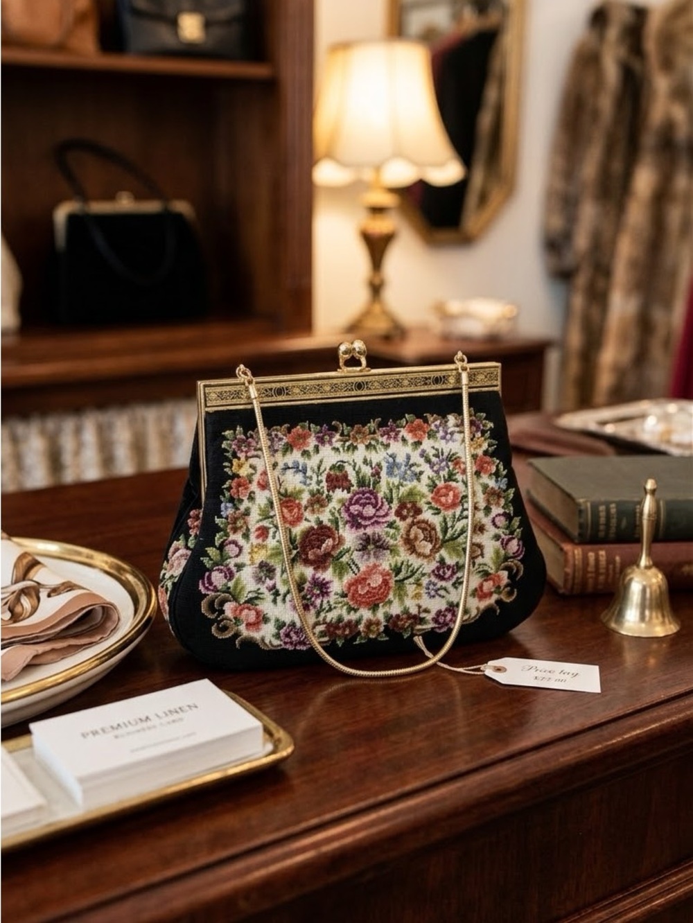 Vintage Black Floral Needlepoint Petit-Point Tapestry Purse Bag 6"x8.5” Handmade